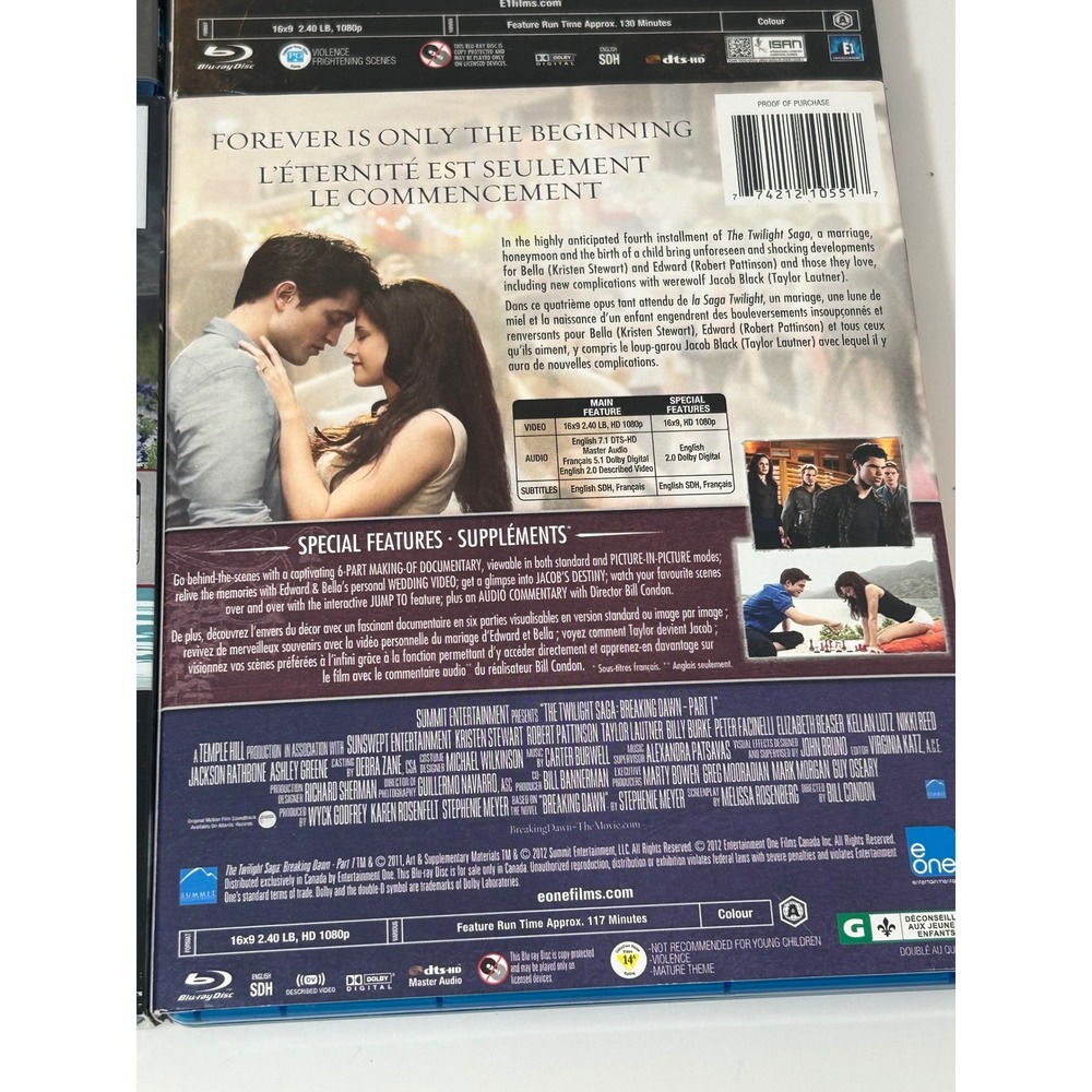 The Twilight Saga Blu-ray Lot Twilight New Moon Eclipse Breaking Dawn Part 1 - Picture 9 of 10
